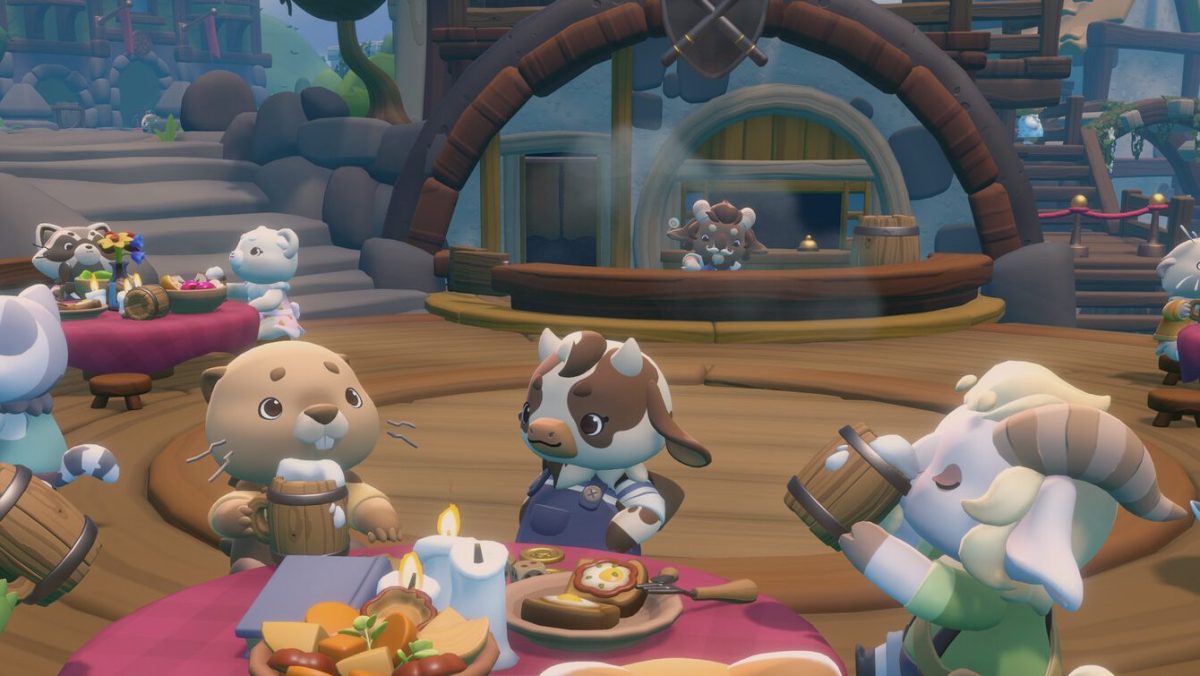Screenshot aus dem Spiel Cozy Caravan mit drei Tier-Charakteren beim Essen
