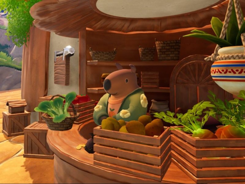 Eine Szene aus dem Spiel Garden Witch Life mit einem Capybara-Charakter an einem Gemüsestand