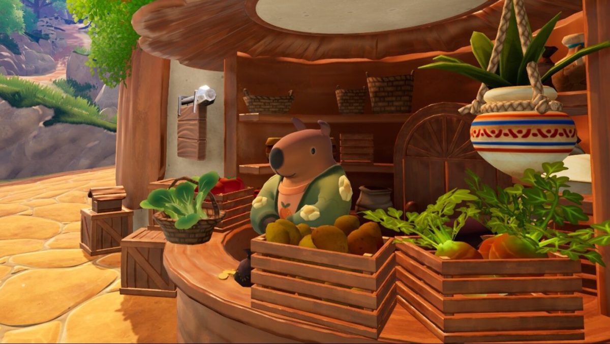Eine Szene aus dem Spiel Garden Witch Life mit einem Capybara-Charakter an einem Gemüsestand