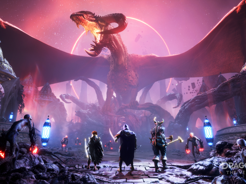 Bild zum Spiel Dragon Age: The Veilguard mit Kampftruppe und großem Drachen