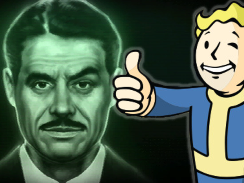 Mr. House aus Fallout: Las Vegas, zusammen mit dem ikonischen PItboy des Ödland-Franchises.