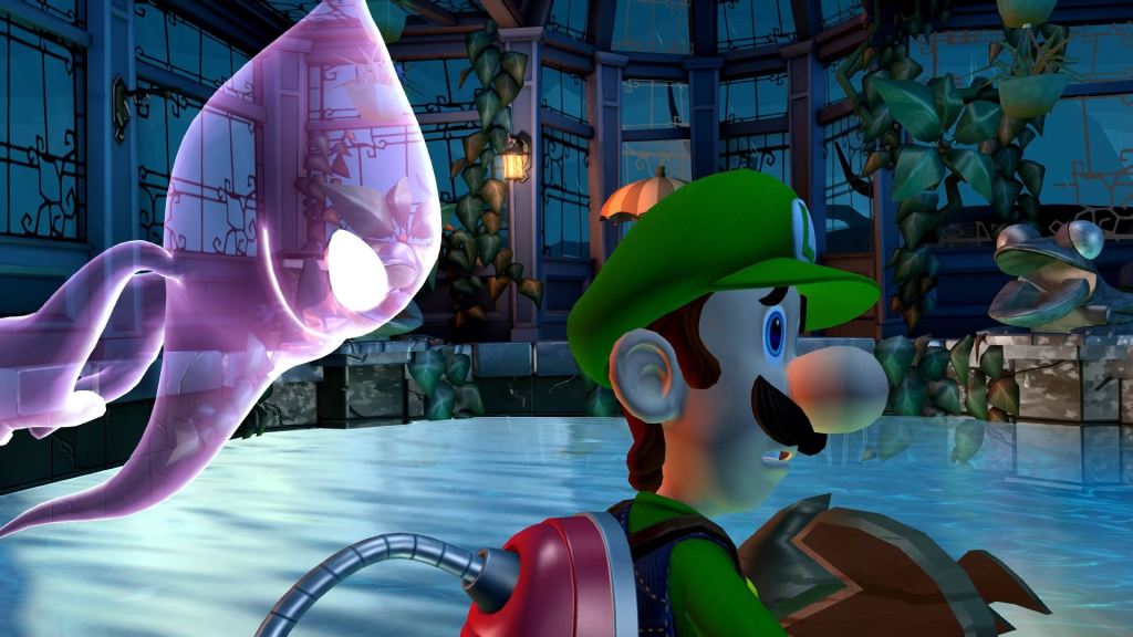 Luigi's Mansion 2 HD Screenshot: Hinter dem ängstlichen Luigi schleicht sich ein Geist an.