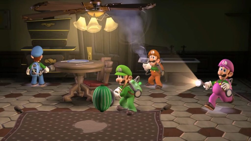 Offizieller Screenshot zu Luigi's Mansion 2 HD: Vier Spieler*innen im Wirrwarrturm.