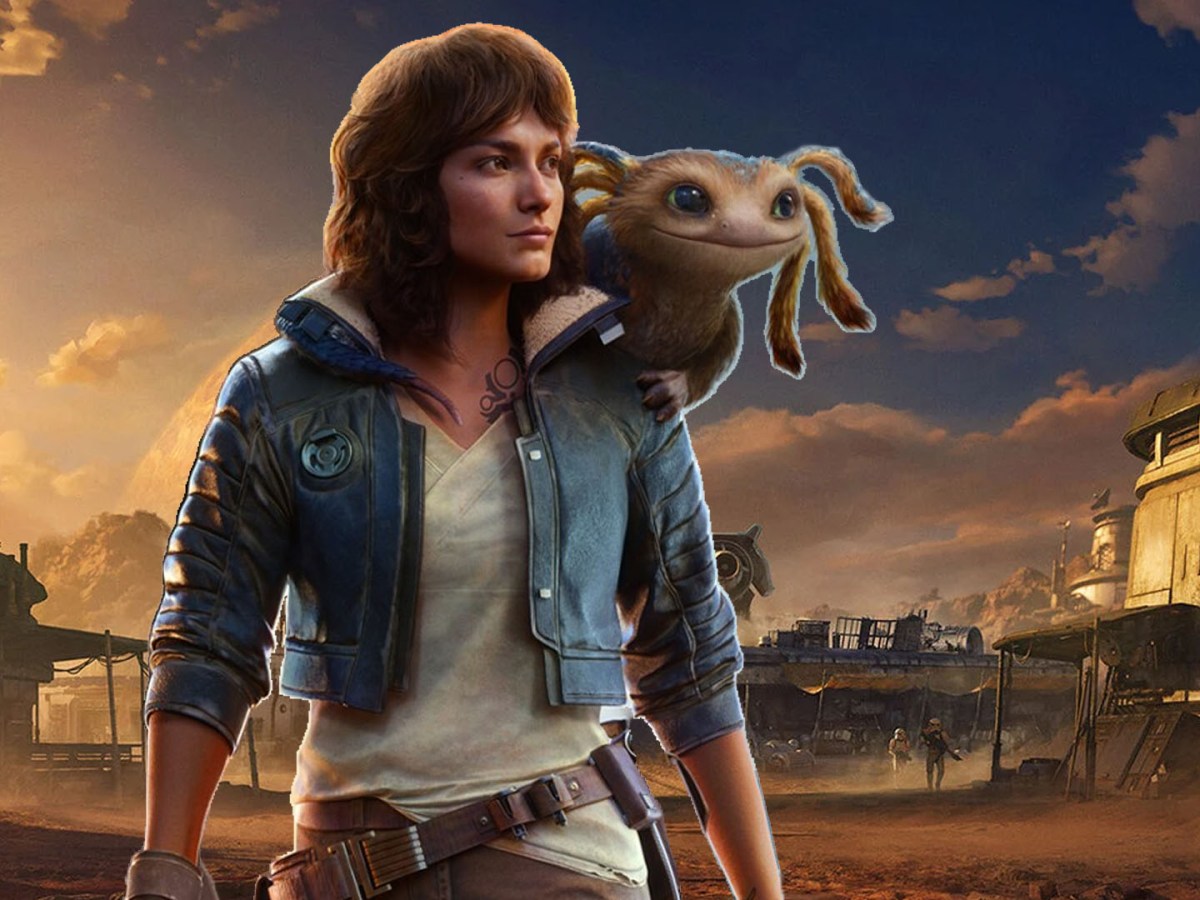 Screenshot von Star Wars Outlaws, im Vordergrund ist Protagonistin Kay Vess mit ihrem Begleiter Nix zu sehen.