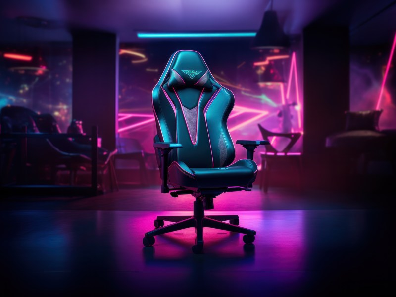 Gaming-Stuhl vor neon Hintergrund