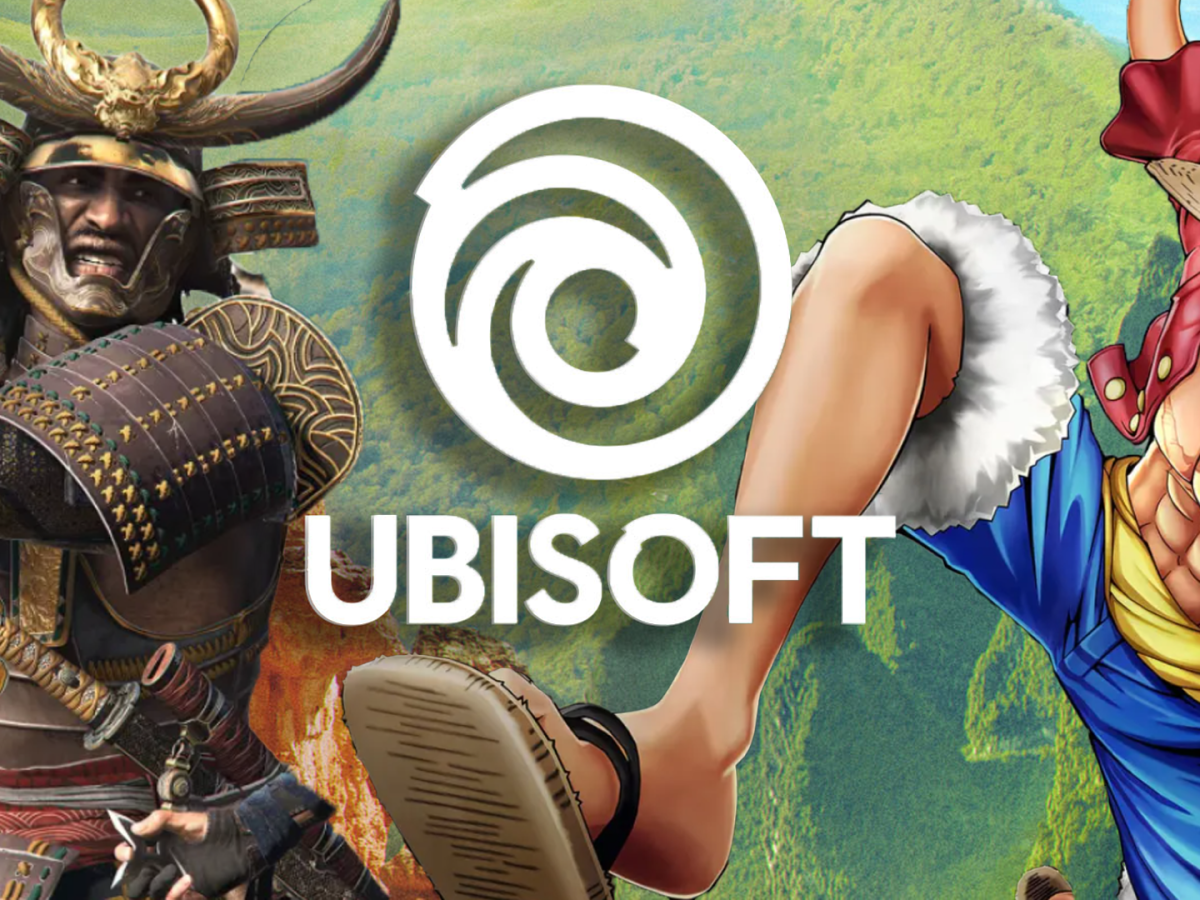 Der spielbare Samurai aus Assassin's Creed Shadows und ein ikonischer Charakter aus der Strohhut-Bande von One Piece, treffen auf das Ubisoft-Logo.