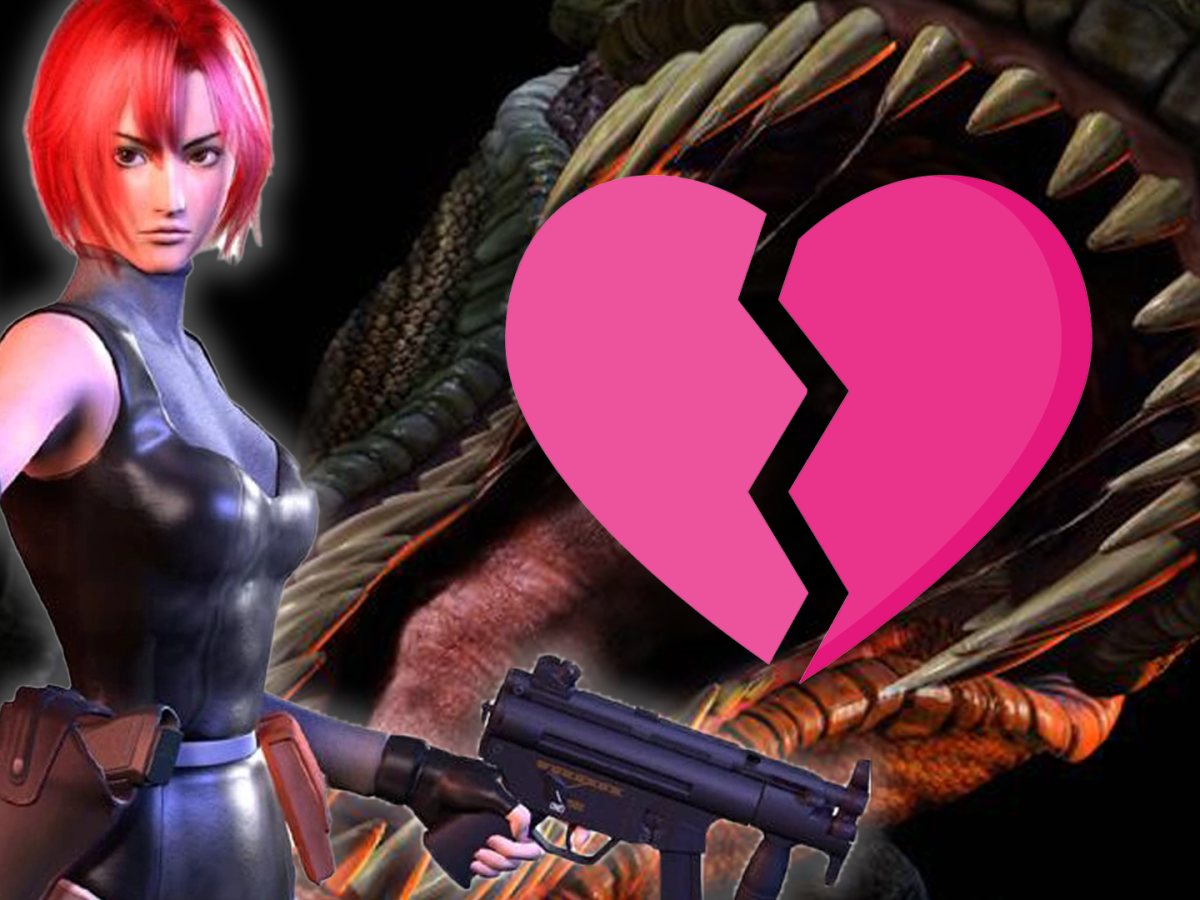 Im Bild: Die Videospielheldin Regina aus dem Survival Horror-Spiel Dino Crisis. Im Hintergrund nähert sich das aufgeklappte Maul eines T-Rex - darüber liegt ein zerbrochenes Herz.