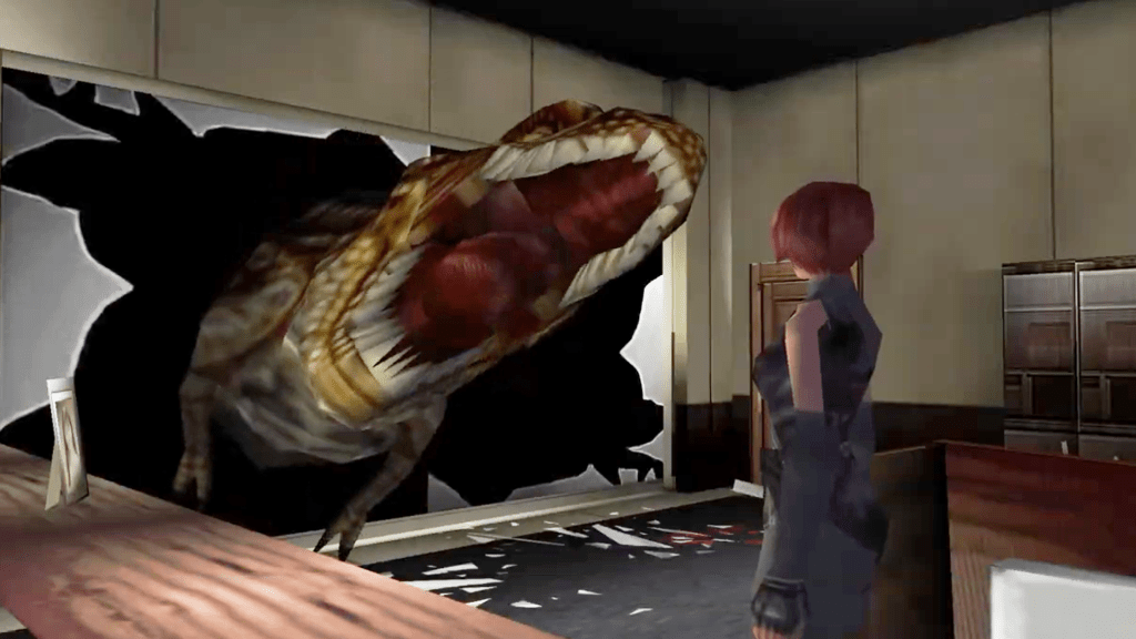 Szene aus dem Spiel Dino Crisis: Der T-Rex splittert durch ein Fenster, schnappt gierig nach der Heldin Regina.