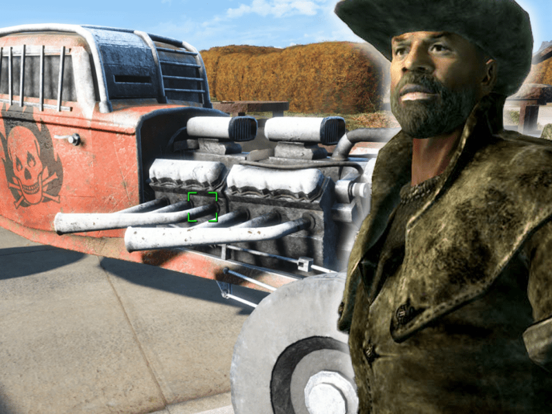 Ein Charakter aus Fallout mit Cowboy-Hut auf dem Kopf steht vor einem Fahrzeug aus den Mad-Max-Filmen.