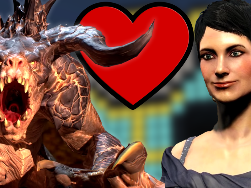Im Bild trifft eine Todeskralle aus Fallout 4 auf einen weiblich gelesenen Charakter aus demselben Spiel, mit dem Spieler*innen eine romantische Beziehung eingehen können.