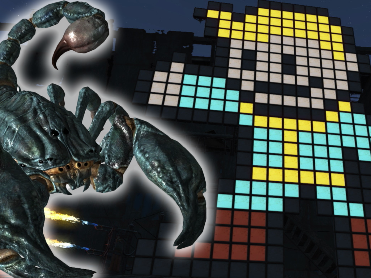 Im Bild: Eine Fotomontage aus dem Gegnertyp RAD-Skorpion aus den Fallout-Rollenspielen und einer LED-Anzeige des ikonischen Vault Boys.