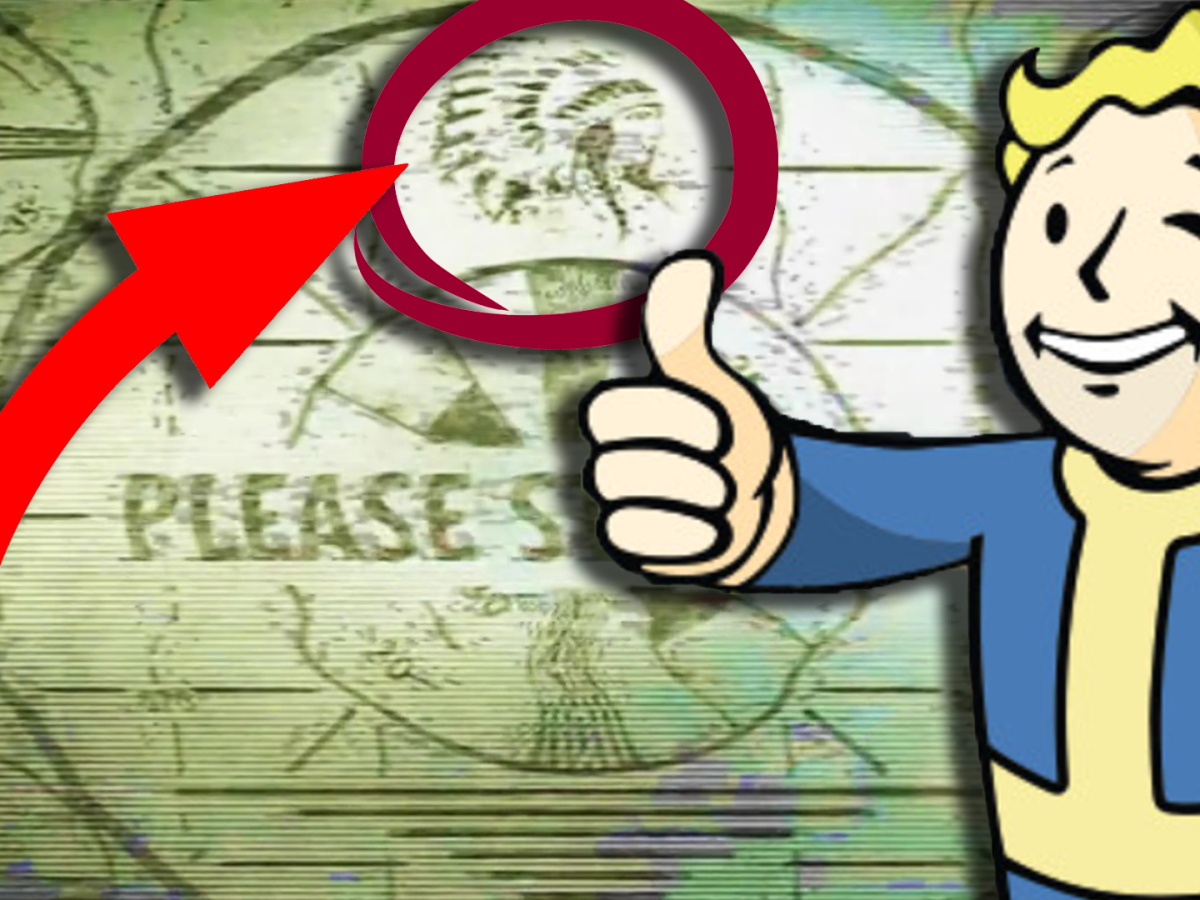 Im Bildvordergrund: Der ikonische Vault Boy mit seiner Daumen-Hoch-Geste. Im Bildhintergrund: Der indigene Mann im Startbildschirm von Fallout 4.