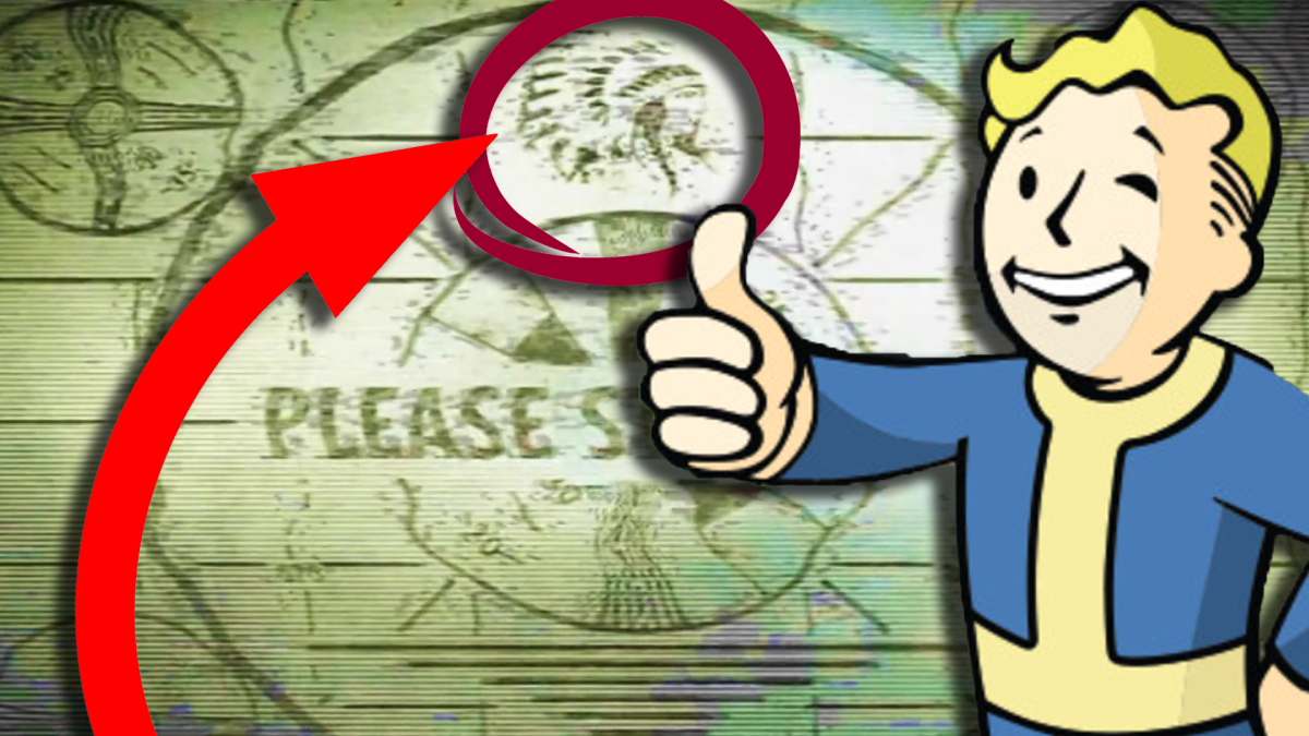 Im Bildvordergrund: Der ikonische Vault Boy mit seiner Daumen-Hoch-Geste. Im Bildhintergrund: Der indigene Mann im Startbildschirm von Fallout 4.