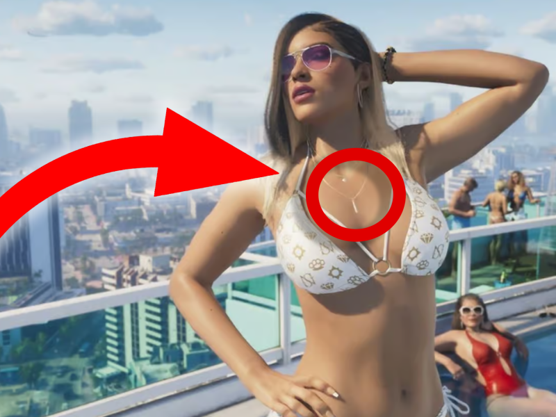 Ein roter Pfeil zeigt auf die dreiteilige Halskette der Bikini-Frau aus dem Trailer zu GTA 6.