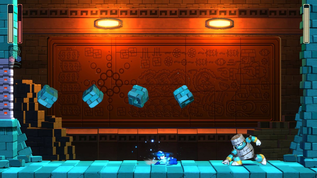 Mega Man im Kampf gegen Block Man in Mega Man 11.