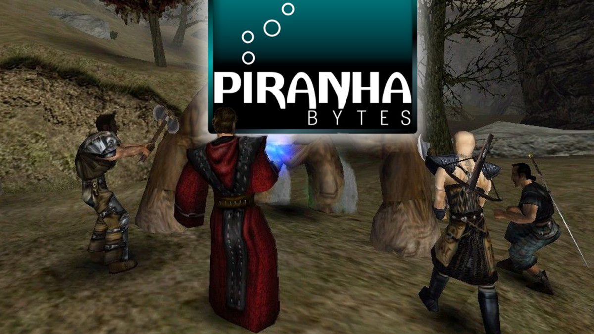 Die Freunde Gorn, Lester, Milton und Diego verbeugen sich ein letztes Mal vor dem Piranha Bytes-Logo.