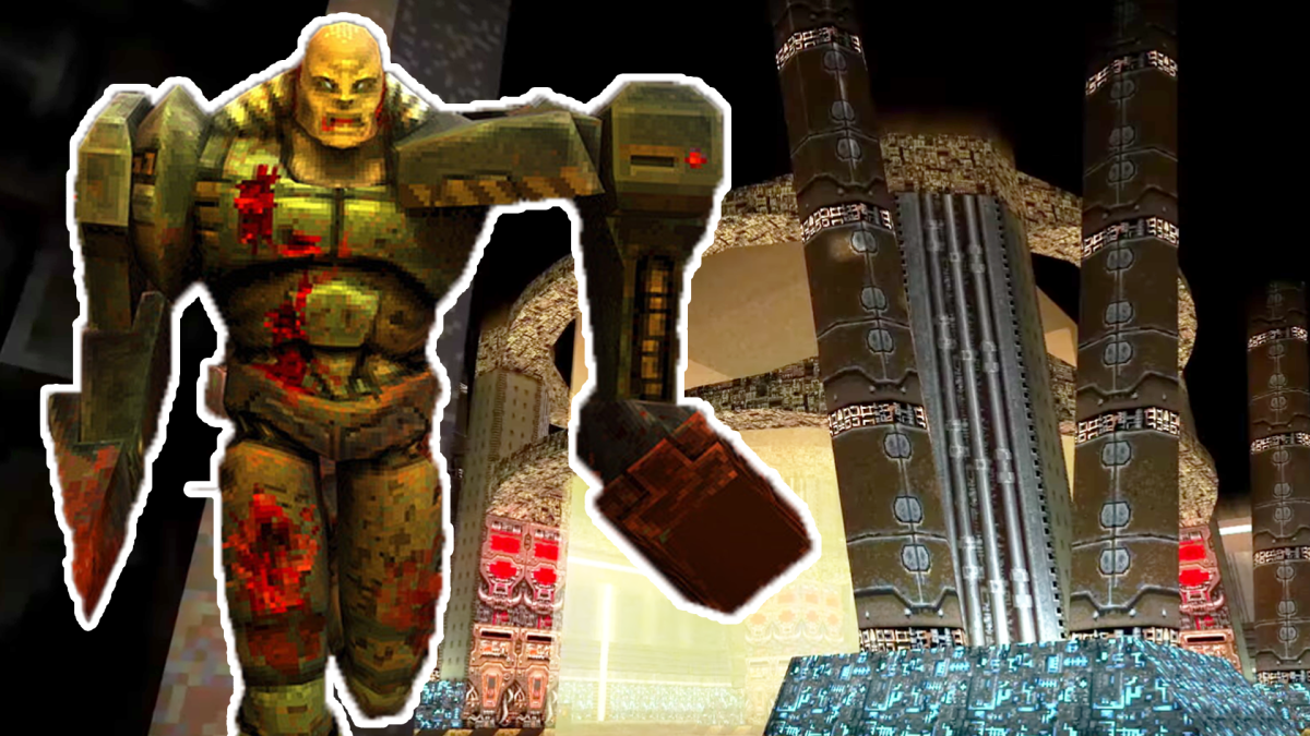 Im Bild: Ein Gegner aus Quake 2 vor einem Szenenbild aus Quake 2 PSX-Remake.