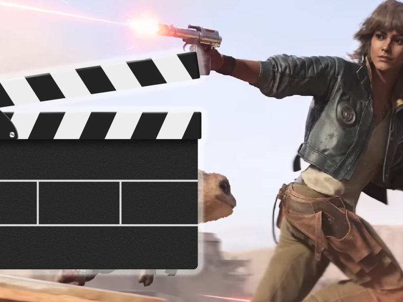 Links im Bild: eine Filmklappe. Rechts im Bild: Die Heldin aus dem Spiel Star Wars Outlaws, wie sie ihren Blaster Richtung Filmklappe abfeuert.