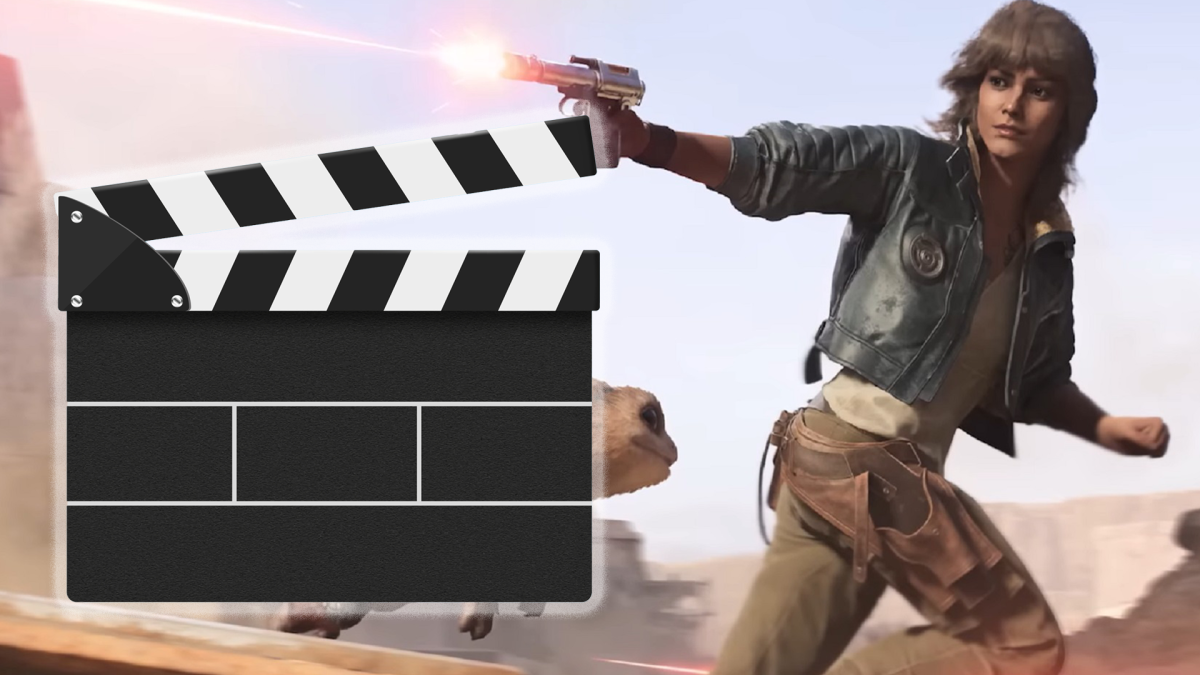 Links im Bild: eine Filmklappe. Rechts im Bild: Die Heldin aus dem Spiel Star Wars Outlaws, wie sie ihren Blaster Richtung Filmklappe abfeuert.