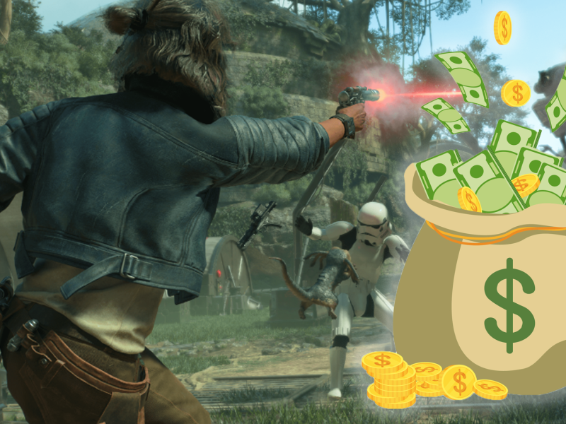 In der einen Bildhälfte ist Heldin Kay Vess aus Star Wars Outlaws zu sehen, wie sie ihren Blaster abfeuert. In der rechten Bildhälfte sehen wir einen Sack voller Geldscheine.