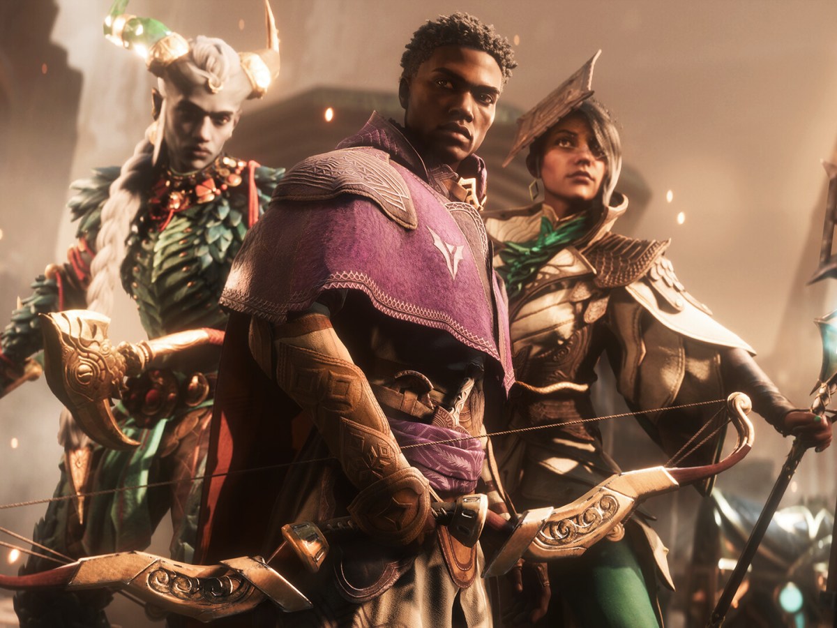 Screenshot aus Dragon Age: The Veilguard. Zu sehen sind drei Charaktere mit unterschiedlichen Spezialisierungen.