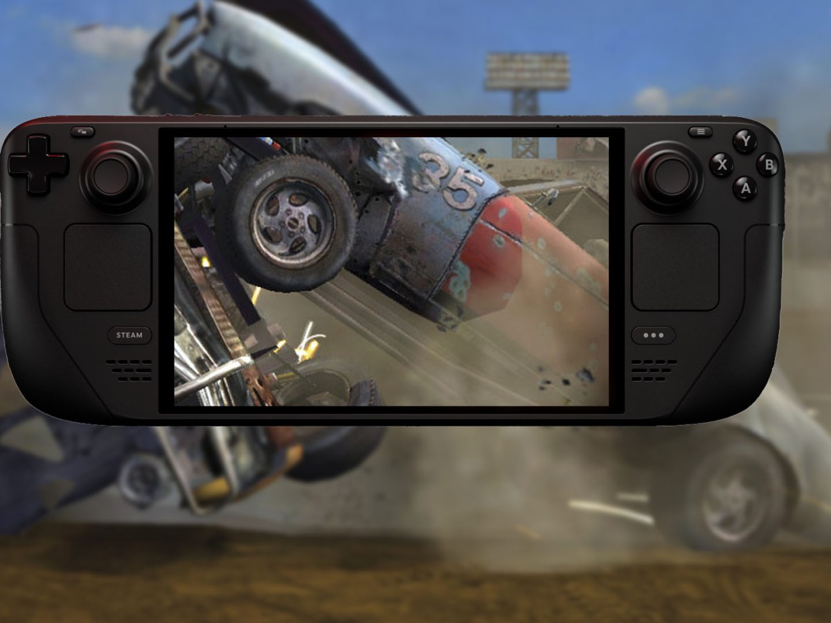 Screenshot aus dem Rennspiel Flatout 2, in der zwei Autos gegeneinander crashen.
