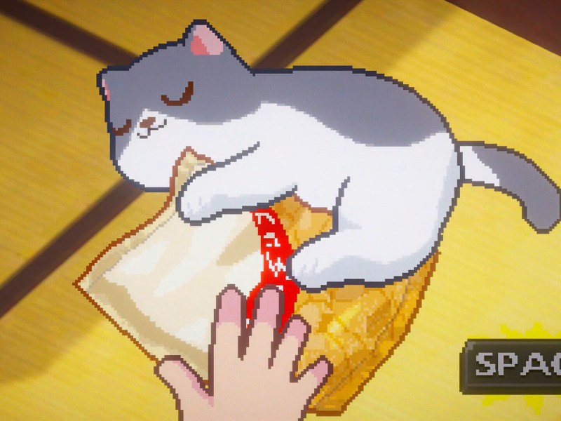 Screenshot aus dem Spiel Neko Odyssey mit einer Katze, die eine Tüte kuschelt