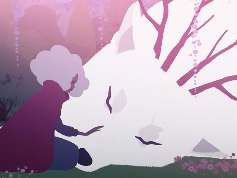 Screenshot aus dem Indie-Spiel Neva. Zu sehen ist die Protagonistin Alba und ein riesiger Wolf mit Geweih.