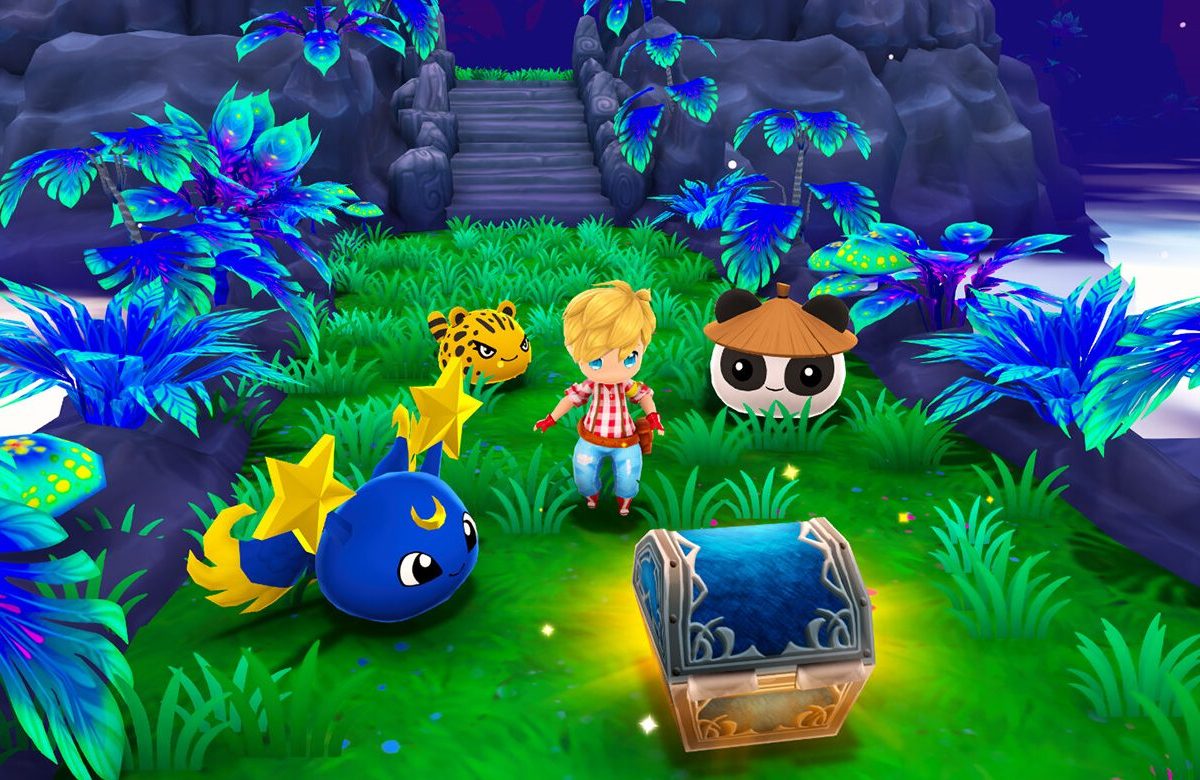 Screenshot aus dem Spiel Ova Magica mit Blob-Kreaturen und Spieler*in vor einer Truhe