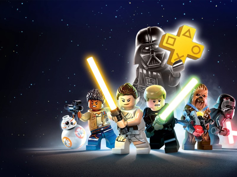 Bild von LEGO Star Wars: The Skywalker Saga, bei dem Darth Vader das PS Plus-Zeichen in der Hand hält.