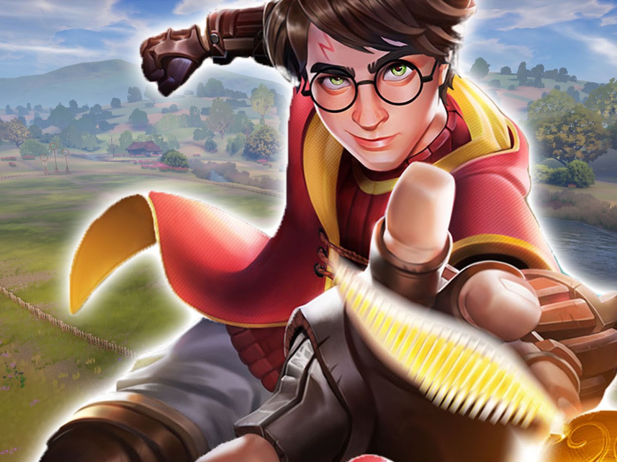 Screenshot aus Quidditch Champions. Im Vordergrund ist Harry Potter zu sehen, wie er nach einem Schnatz greift.