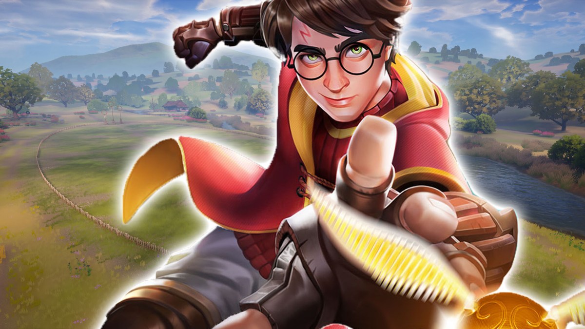 Screenshot aus Quidditch Champions. Im Vordergrund ist Harry Potter zu sehen, wie er nach einem Schnatz greift.