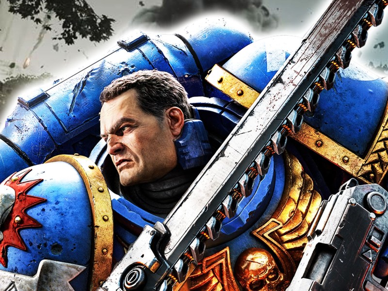 Bild aus dem Spiel Warhammer 40.000: Space Marine 2. Zu sehen ist im Vordergrund der Ultra Marine Titus.