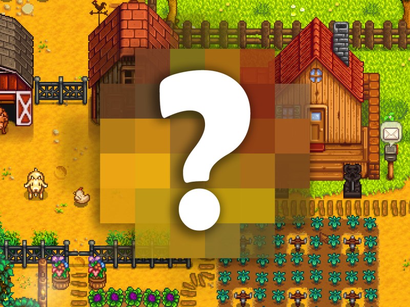 Ein Screenshot aus dem Spiel Stardew Valley mit einem Pixel-Effekt und einem Fragezeichen belegt.