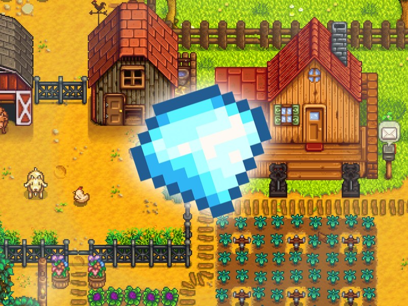 Ein Screenshot der Farm in Stardew Valley und im Vordergrund ein Diamant
