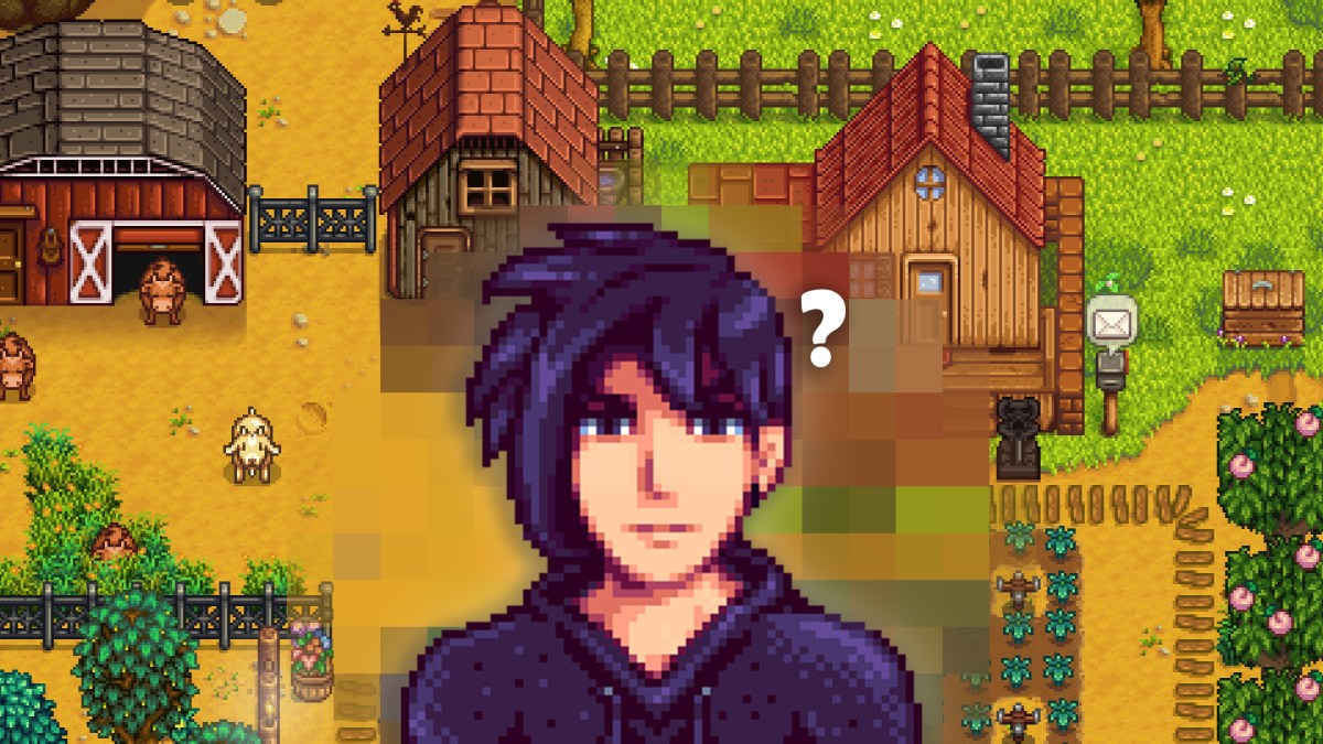 Charakter Sebastian aus Stardew Valley mit einem Fragezeichen.