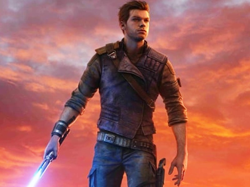 Screenshot aus Star Wars Jedi: Survivor. Zu sehen ist Protagonist Cal Kestis mit einem blauen Lichtschwert.