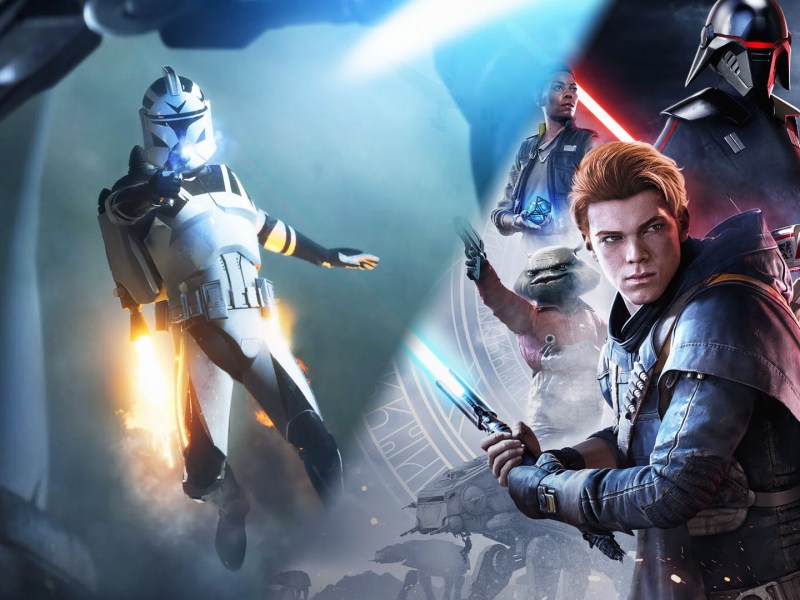 Screenshot-Collage aus Star Wars: Battlefront 2 und Star Wars Jedi: Fallen Order. Zu sehen ist links ein Raketen-Truppler, während rechts das Ensemble von Fallen Order aufschaut.