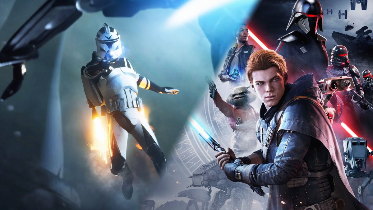 Screenshot-Collage aus Star Wars: Battlefront 2 und Star Wars Jedi: Fallen Order. Zu sehen ist links ein Raketen-Truppler, während rechts das Ensemble von Fallen Order aufschaut.