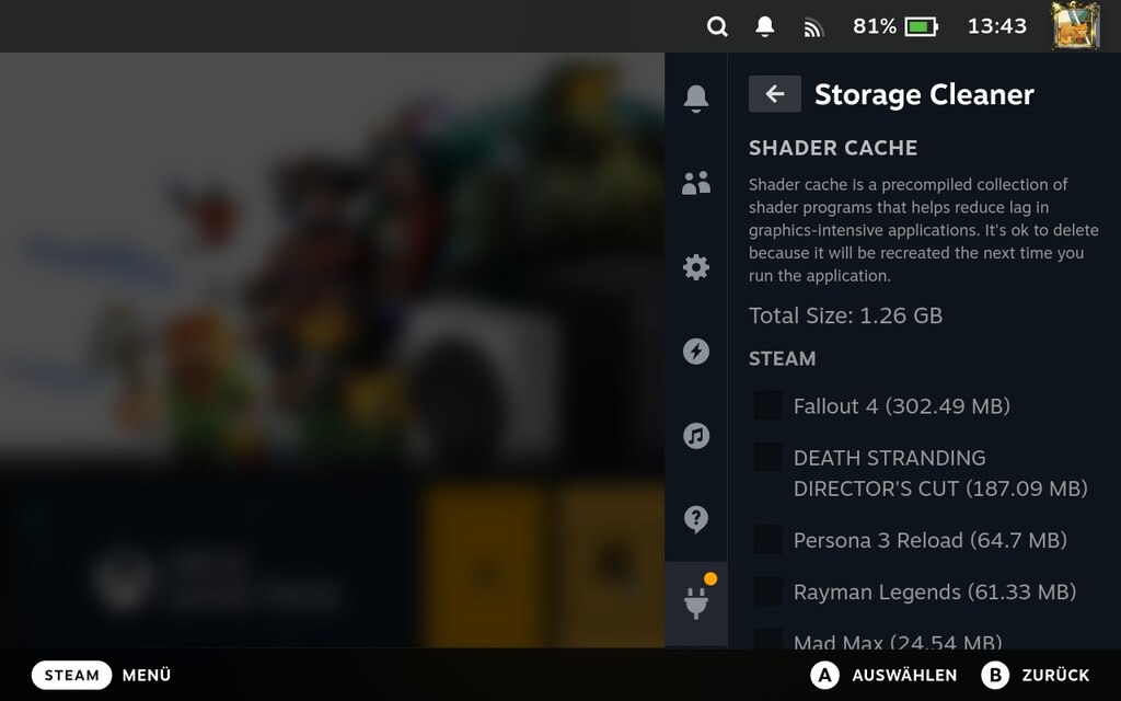 Screenshot vom Steam Deck. Zu sehen ist das Plugin Storage Cleaner.