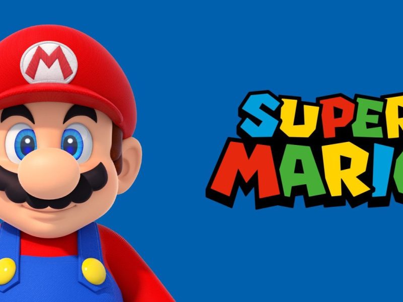 Videospielcharakter Mario neben dem Schriftzug "Super Mario"