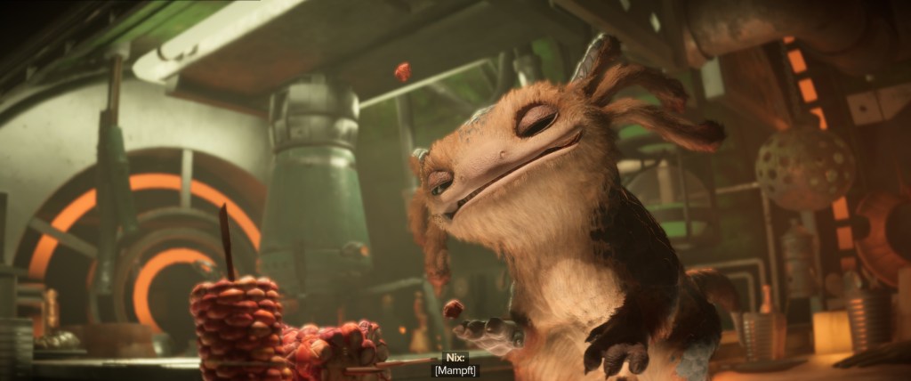 Screenshot von Star Wars Outlaws. Zu sehen ist Begleiter Nix, ein axolotol-ähnliches Alienwesen.