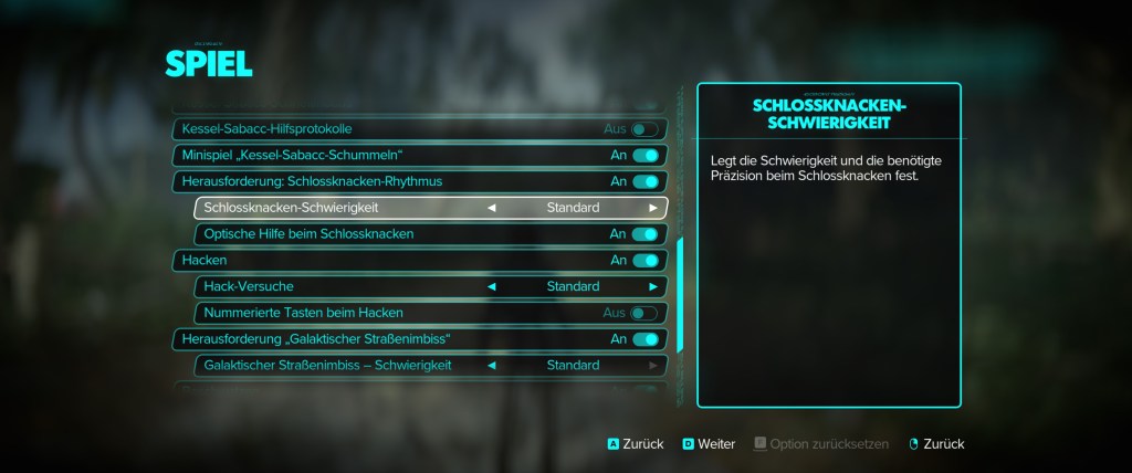 Screenshot aus dem Optionsmenü von Star Wars Outlaws. Dort lassen sich die Minispiele fürs Hacken und Schlösser knacken deaktivieren.