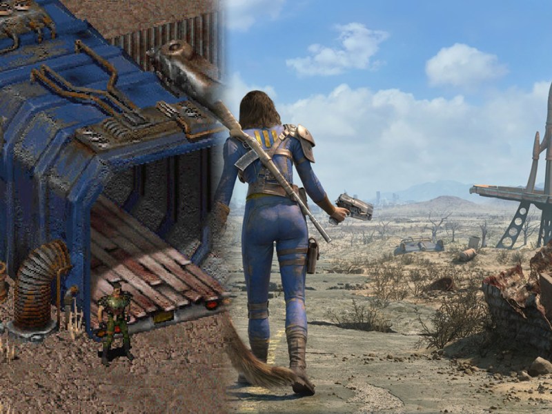 Screenshot von Fallout, welches in einen Screenshot von Fallout 4 übergeht.