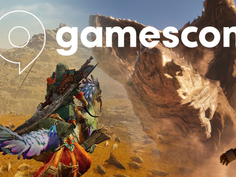 Screenshot-Collage bestehend aus Monster Hunter Wilds und Dune Awakening. Drüber zu sehen ist das Logo der gamescom.