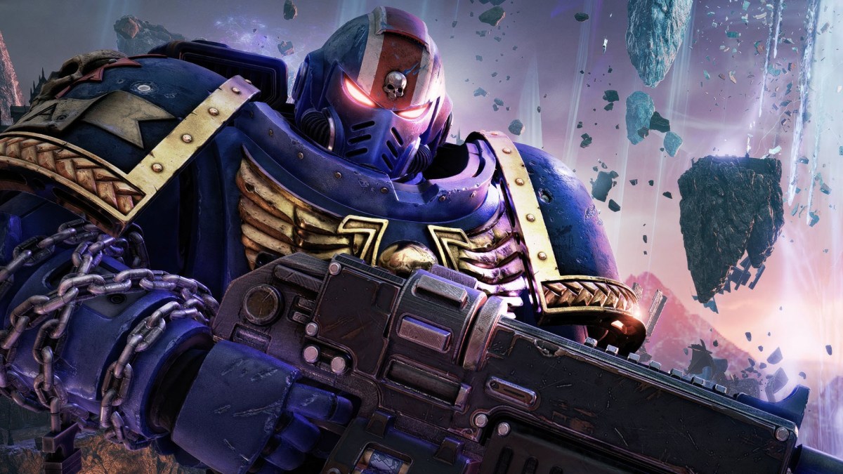 Screenshot aus Warhammer 40.000: Space Marine 2. Zu sehen ist ein grimmig blickender Space Marine 2 mit Gewehr in der Hand.