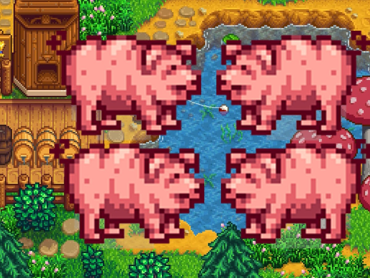 Screenshot aus Stardew Valley. Im Vordergrund sind vier Schweine zu sehen.