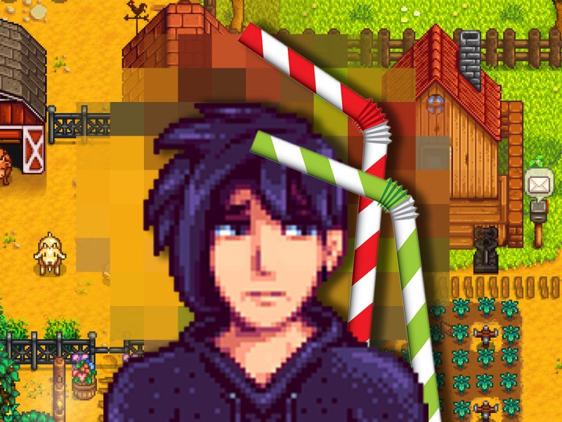 Sebastian aus Stardew Valley wird von zwei Strohhalmen bedrÃ¤ngt