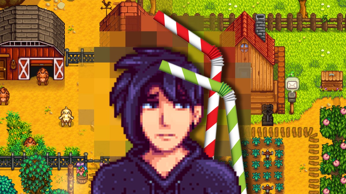 Sebastian aus Stardew Valley wird von zwei Strohhalmen bedrängt