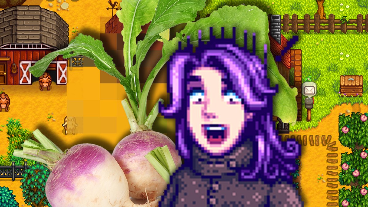 Abigail aus Stardew Valley neben einem Bild realer Rüben